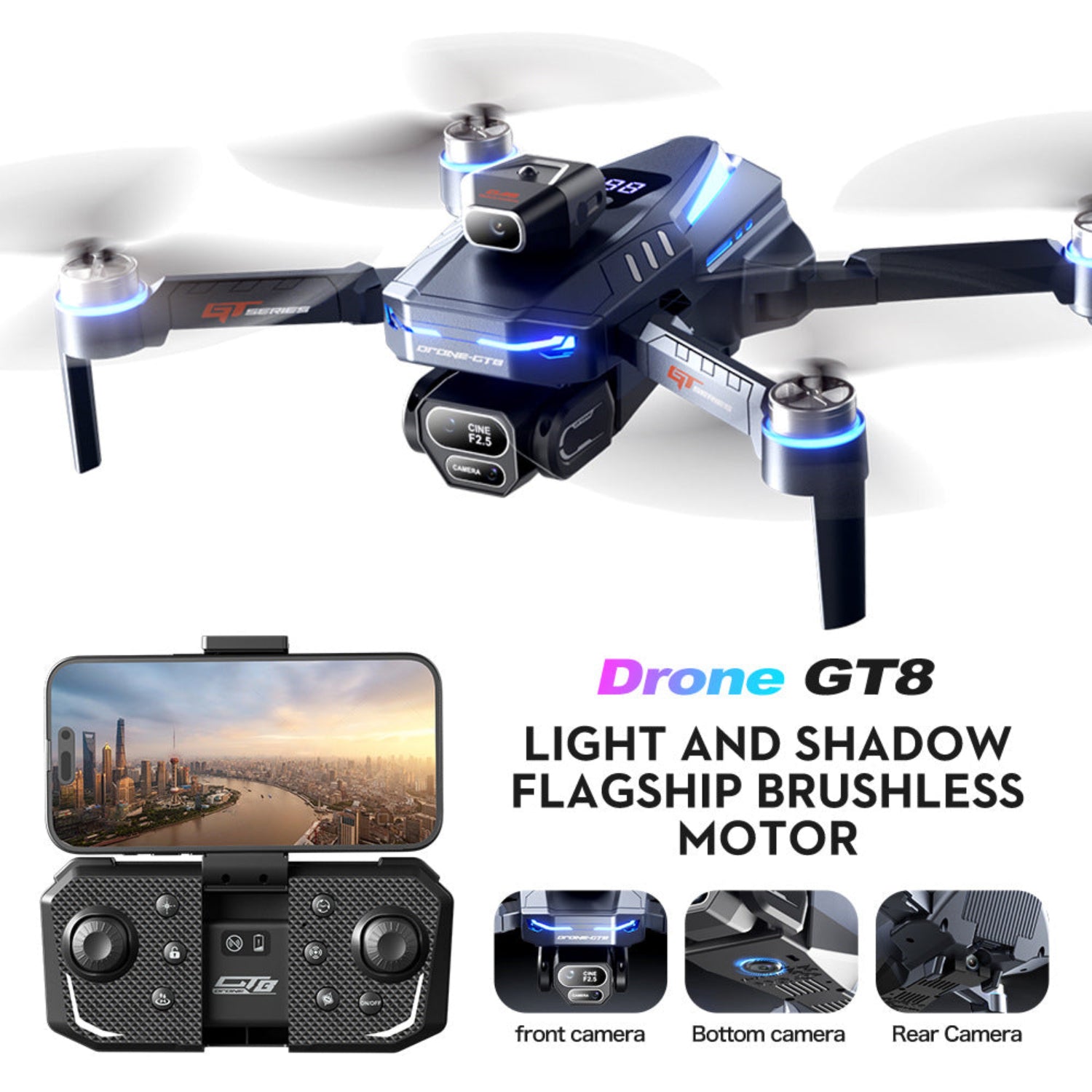 GT8 Drone with Screen Remote Control, HD Aerial Photography, Brushless Motor, Obstacle Avoidance, Quadcopter Toy Aircraft